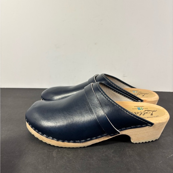 Scandi Lotta From Stockholm Navy Leather Wooden Clogs EU 42 US 11 - Picture 3 of 8